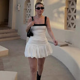 Ruched Puff White Textured Mini Dress
